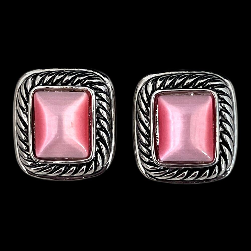Vintage 1980s Cable Twist Clip On Earrings Pink Moonglow Silver Tone - 2R